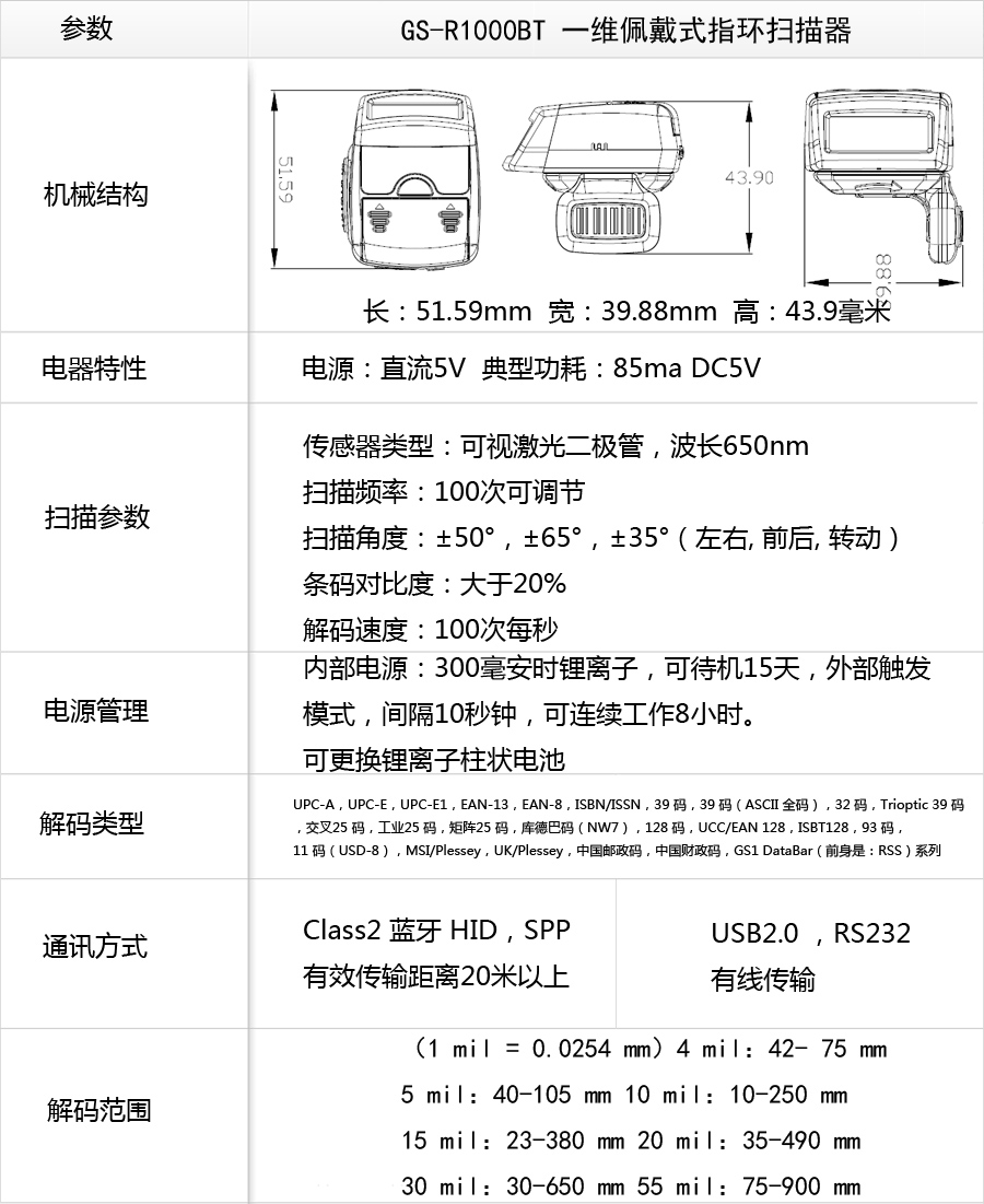 GS-R1000BT 一維佩戴式指環激光條碼掃描器